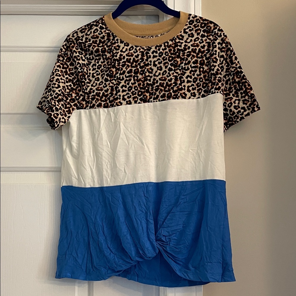 Leopard Print and Blue Colorblock Women's Top